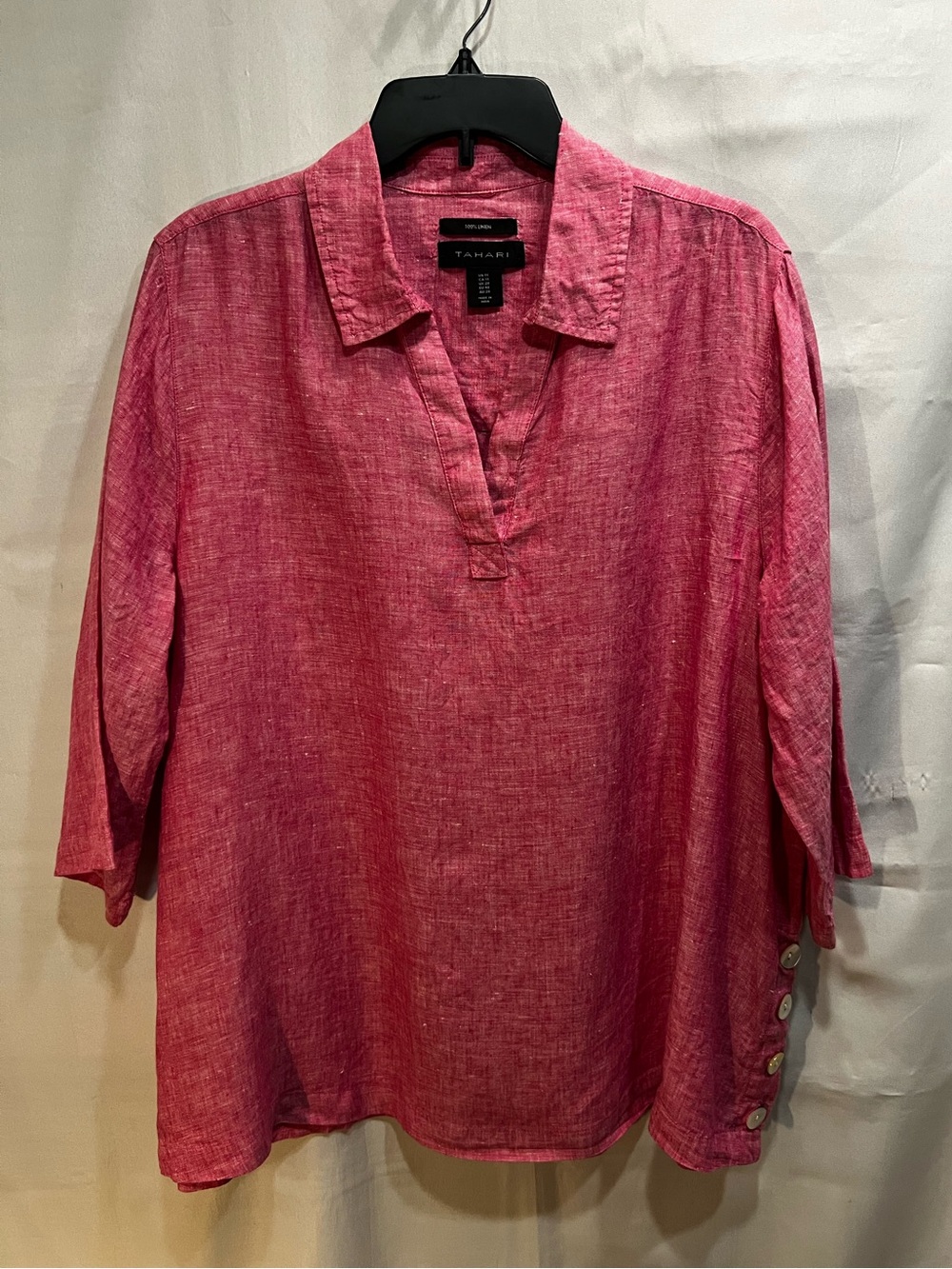 Tahari Linen Three Quarter Sleeve Heathered Pink V-Neck Tunic Blouse Size 1X